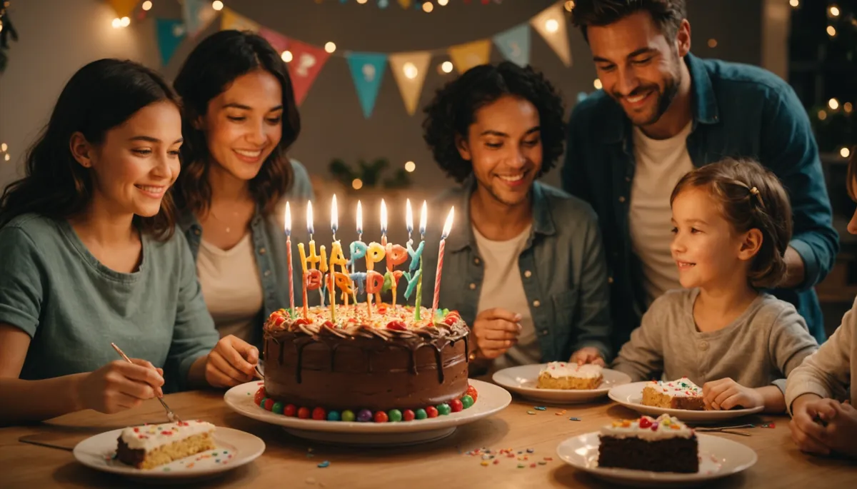 Eye-level view of a cozy family celebration around a birthday cake