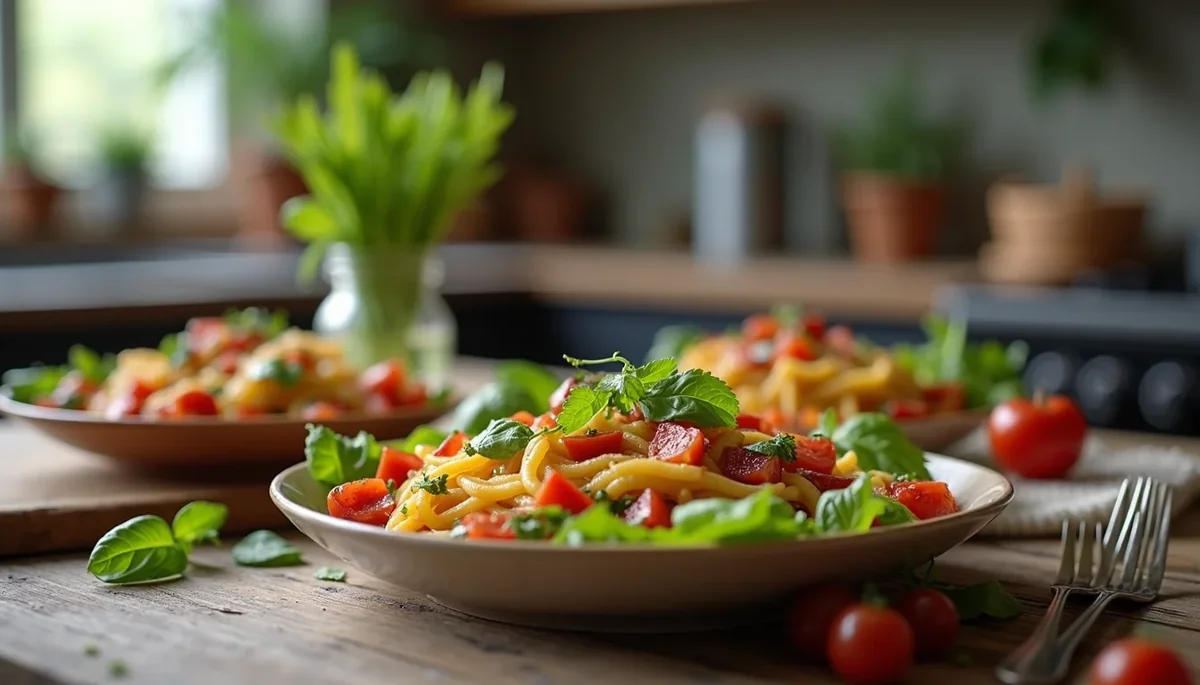 A healthy meal showcasing a variety of colorful vegetables and grains